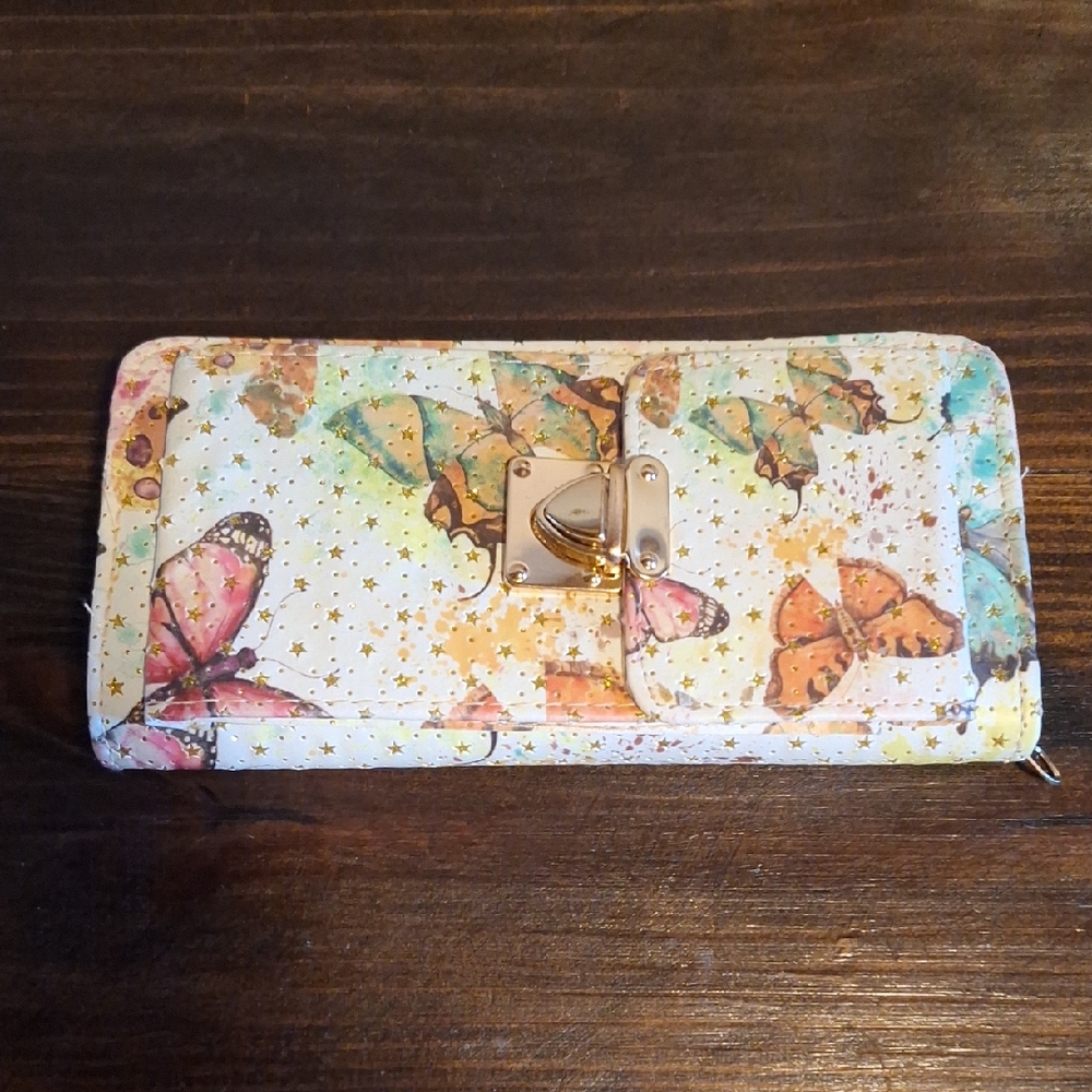 Butterfly Print Wallet with Gold Clasp